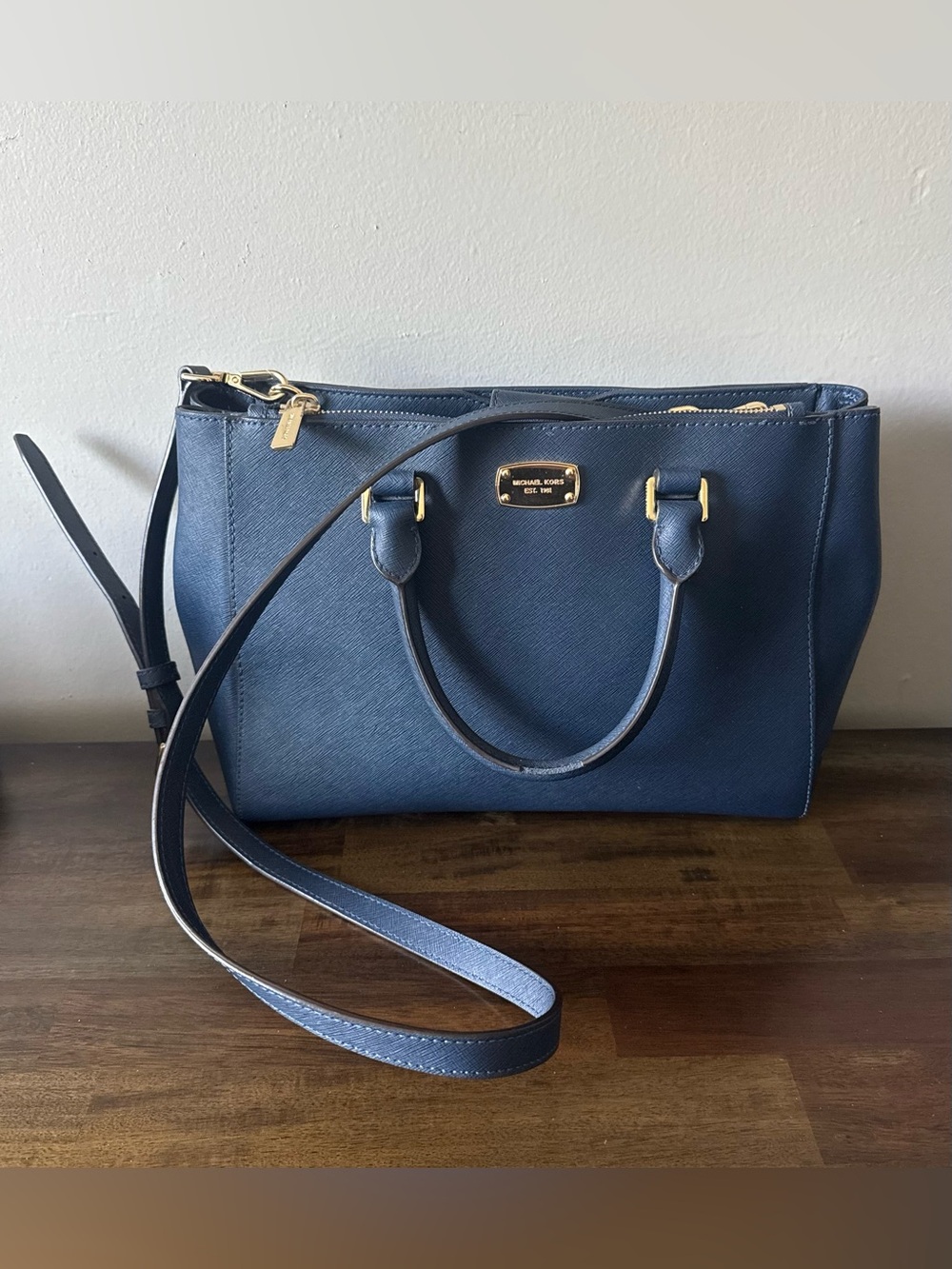 Michael Kors Kellen Dark Blue Saffiano Leather Medium Satchel Shoulder Bag
